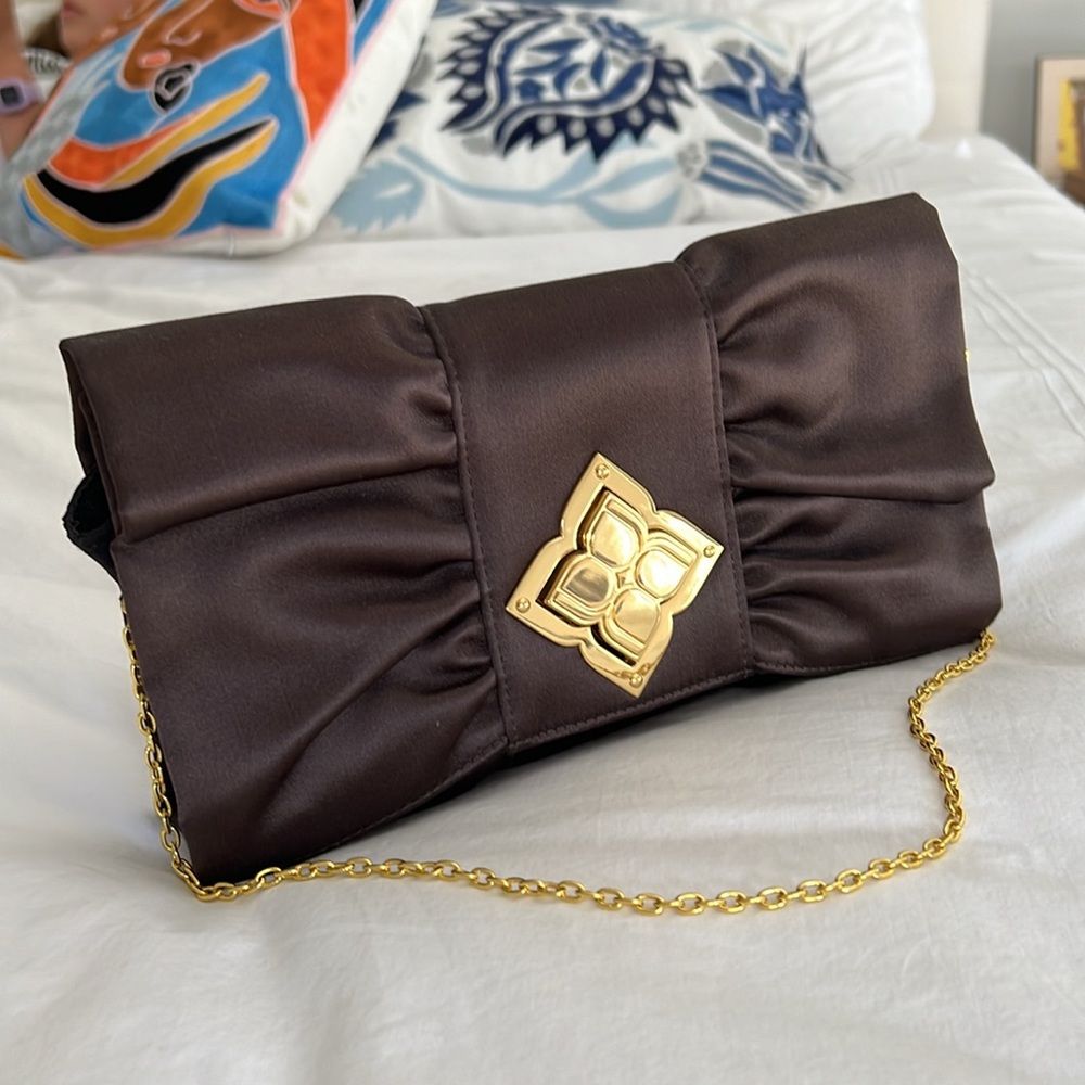 BCBGMAXAZRIA Brown Satin Signature Bow Ruffle Clutch